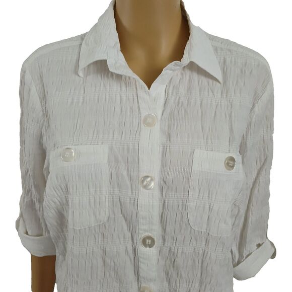 Baxter & Wells Women's P/L White Gauzy Button Up Collard Roll tab Sleeves Shirt - Picture 3 of 13
